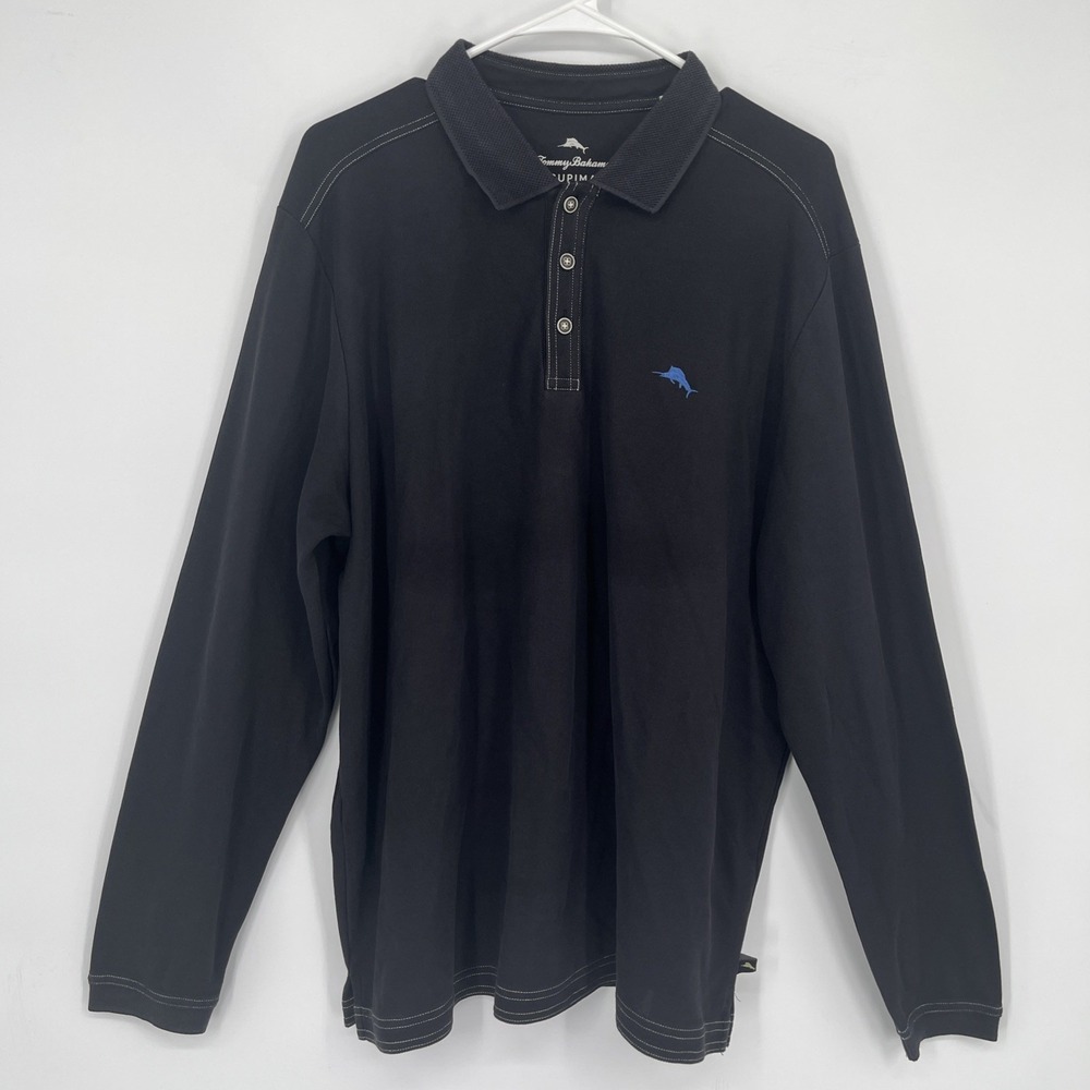 Tommy Bahama Supima Cotton Long Sleeve Polo Shirt Mens Large Navy Blue Marlin